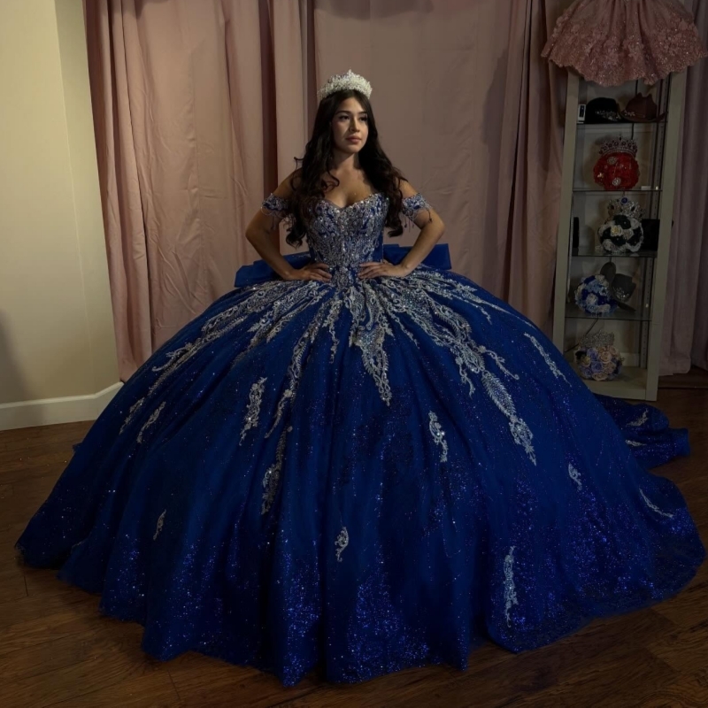 Royal Blue Ball Gown Quinceanera Dresses Applique Lace Beading Crystal Bow Tull Corset Off Shoulder Sweet 16 Dress Vestidos 15 De Anos