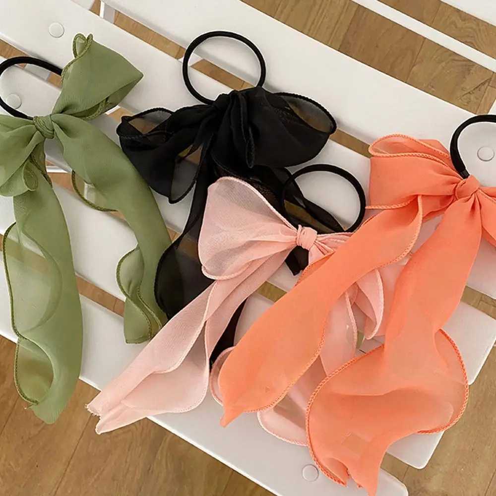 Summer Solid Color Lace Yarn Ribbon Hair Scrunchies Women Bow Elastic Hair Rope Ponytail Holder Girls Hair Ties Accessories H260324