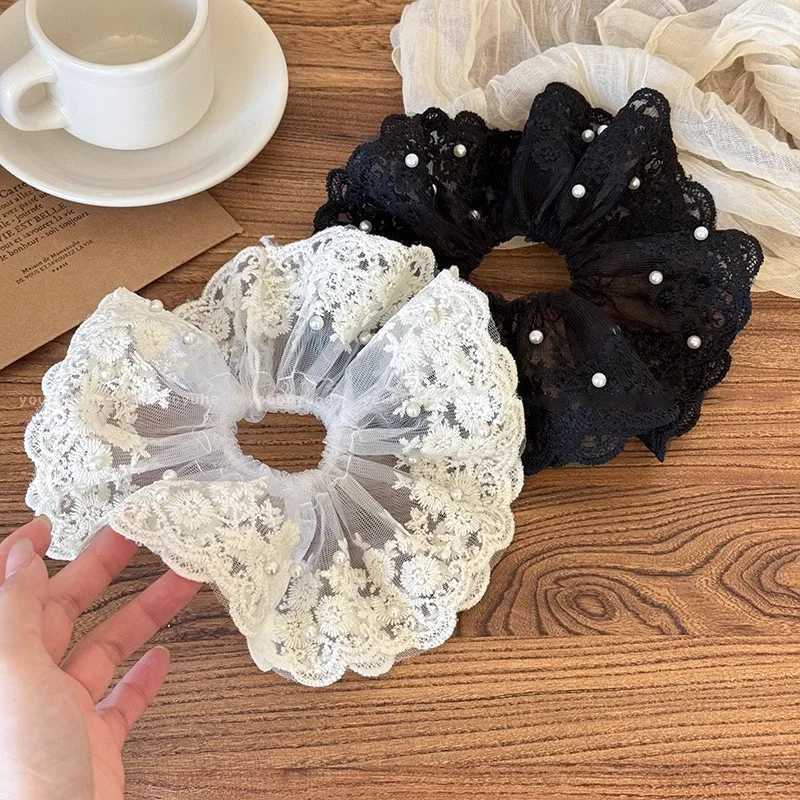 Sweet Solid Lace Pearl large Intestine Scrunchie For Women Girls Elegant Hair Tie Elastic Hair Band Rubber Band Hair Accessories H260324