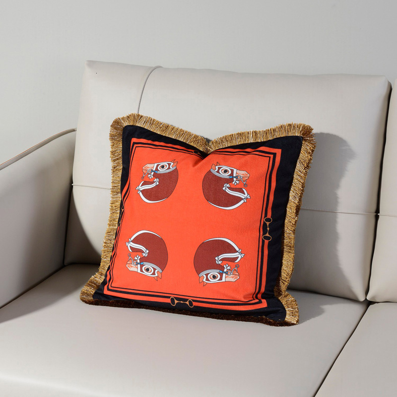 Pillow Case Fashionable Light Luxury Chenille Double Sided Printed Vintage Tassel H Orange Horse Decorative Cushion For Sofa Model Room