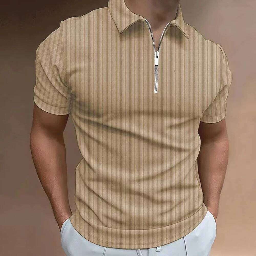 Men Striped Golf With Quarter Zipper Lapel Casual Holiday Short Sleeved T-Shirt Fashionable Basic Style Regular Fit Shirt