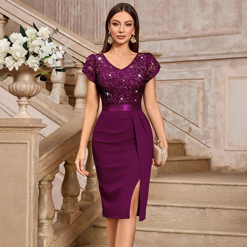 High-end Women's Clothing V-neck Short-sleeve Lace Designer Dress And Chiffon Midi Dress Elegant Bodycon Gown