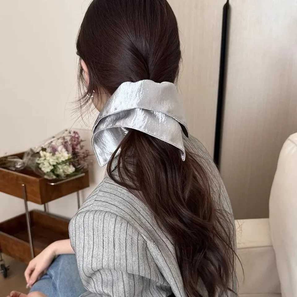 2025 Korean Style Silver Square Scrunchie Shiny Fabric Hair Tie Oversized Low Ponytail Holder Retro Hair Accessories for Women H260324