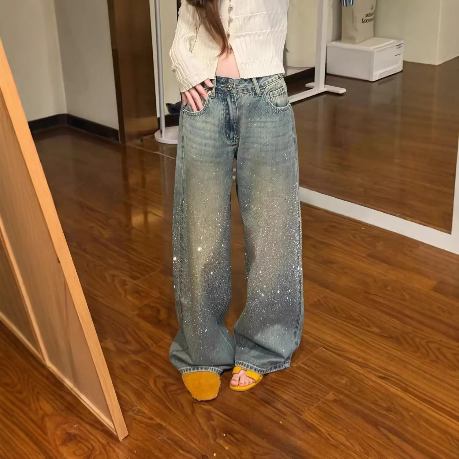 Women's Starry Rhinestone Wide-leg Jeans 2026 Spring/autumn New Sparkling Style Designer Pants For Petite Figures Blue Straight-leg Pants With Draped Effect
