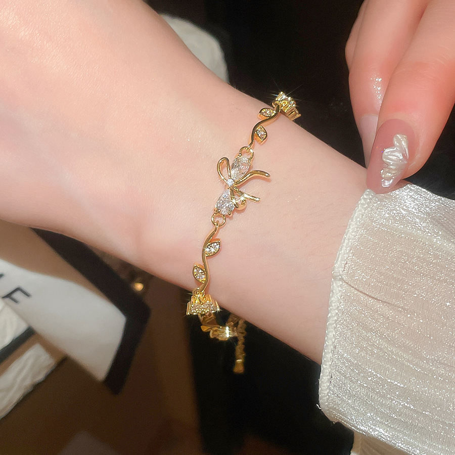Elegant Light Luxury 18K Real Gold Plated Floral Bracelet with Sparkling Zircons for Women - view 5