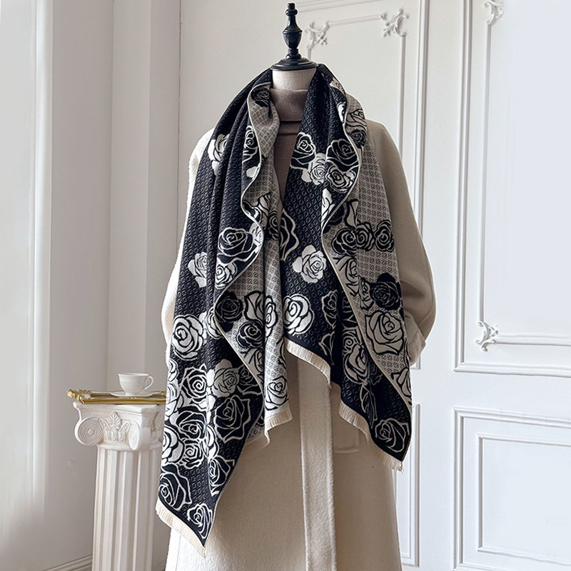 Camellia Flower Cashmere Scarf High-end And Fashionable Style Multi-purpose Thick Warm Scarf Designer Shawl Outdoor Sports Warm Shawl
