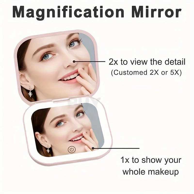Mini Vanity Makeup Mirror with Lights Travel Folding Portable HandHeld LED Compact Pocket Cosmetic Mirror 2X magnifying Gifts H260324