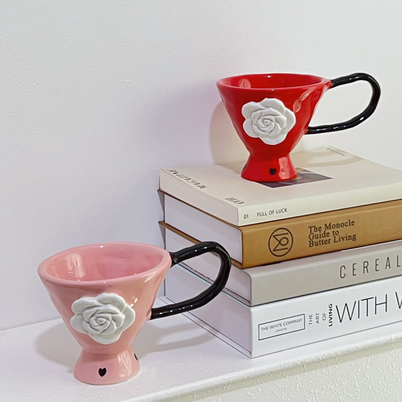 Mug Embossed Rose Creative Ceramic Niche Design Coffee Goblet For Couple Breakfast Drinking