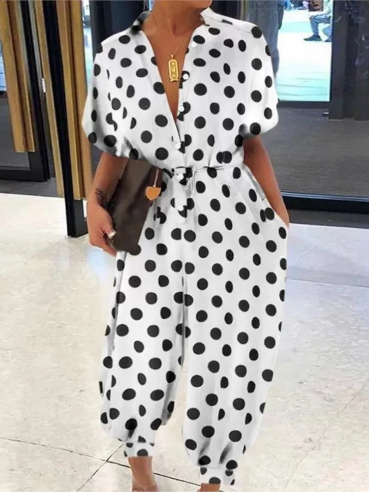 Summer Dot Leopard Print Jumpsuit Women Short Sleeve Leace-up Pocket Casual Jumpsuits Fashion Vintage Ladies Bodysuits 260321