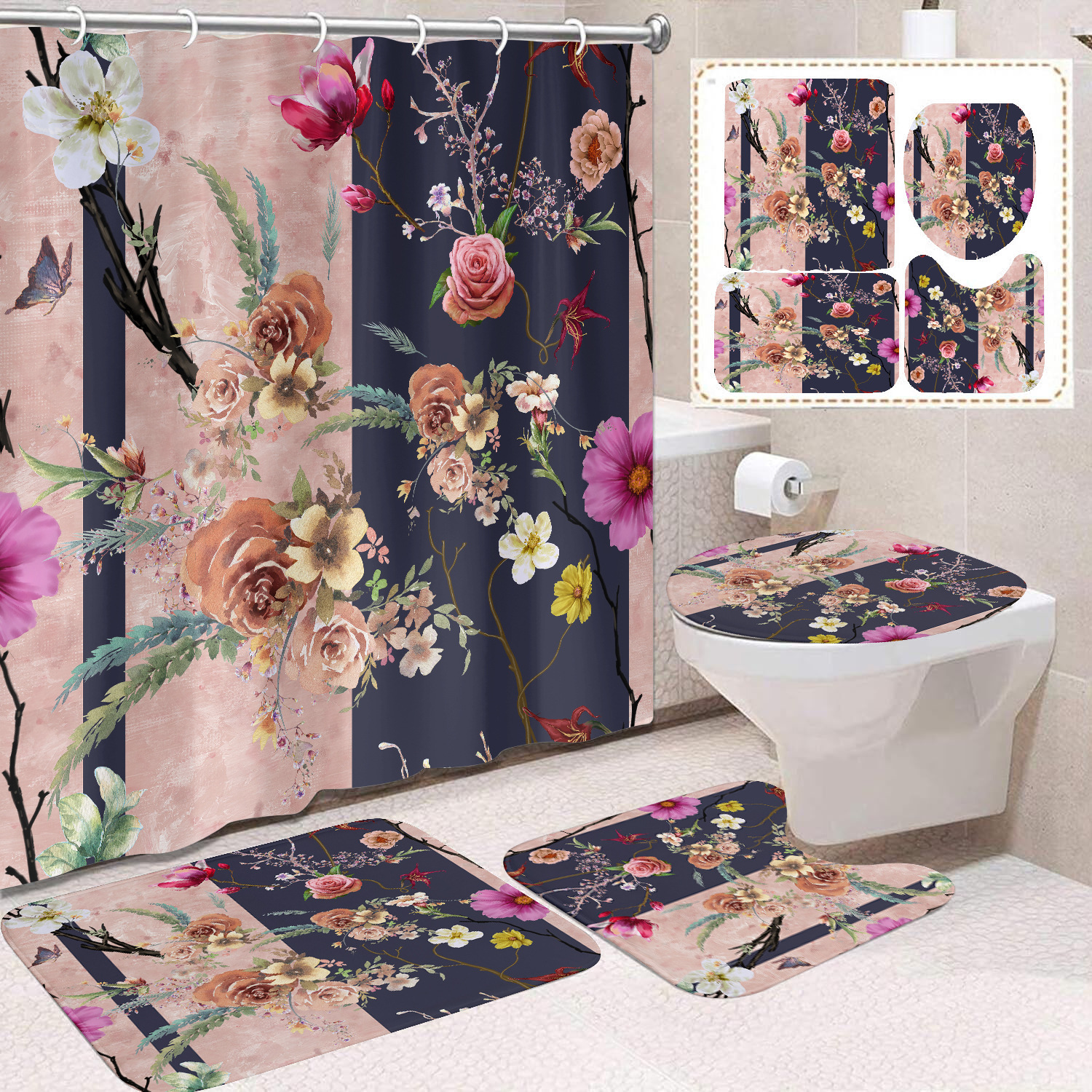 YL-38384 Floral Shower Curtain and Mat Set (4 Pieces) - Bathroom Dry and Wet Separation, Toilet Isolation Curtain, Modern Minimalist Style