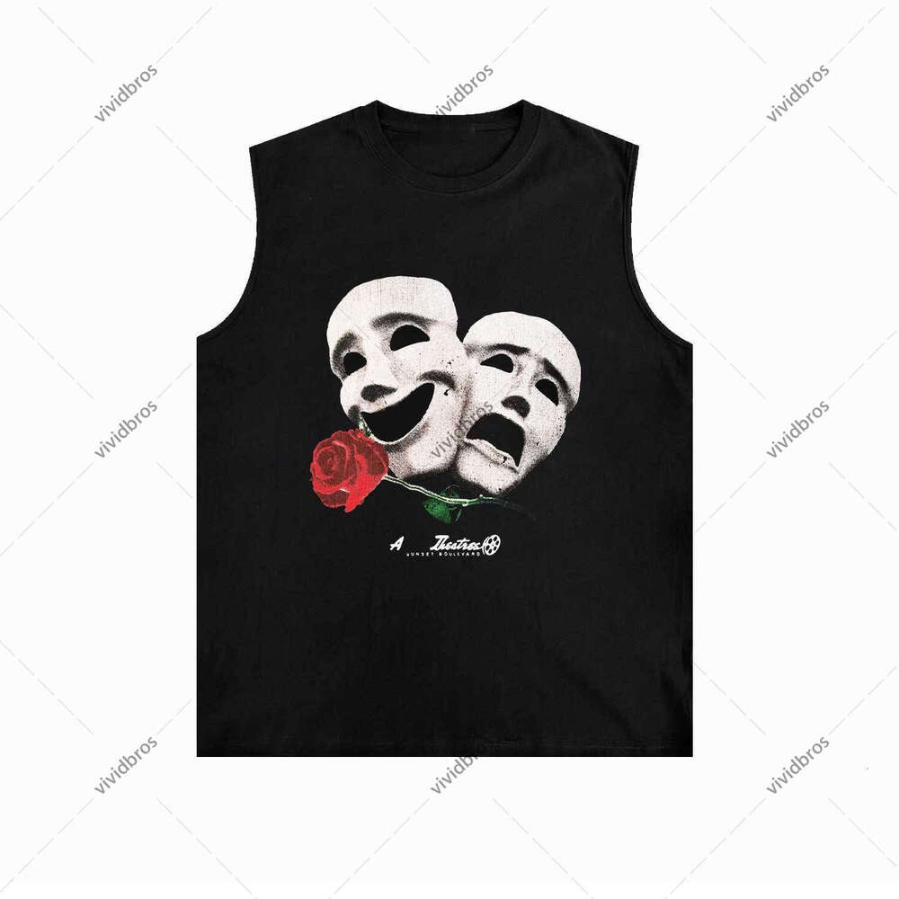 Design Men's Streetwear Mask & Rose Print Tank, Casual Loose Fit Cotton Sleeveless Vest, Retro Graphic Style for Men's Daily Street Wear