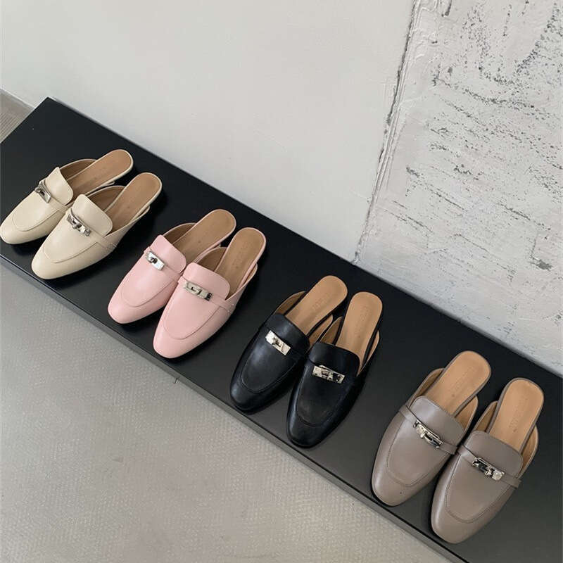 Women Summer Open Toe Mules For Outdoor Wear New Model With Horsebit Buckle Flat Shoes Genuine Leather Popular Slip On Sandals