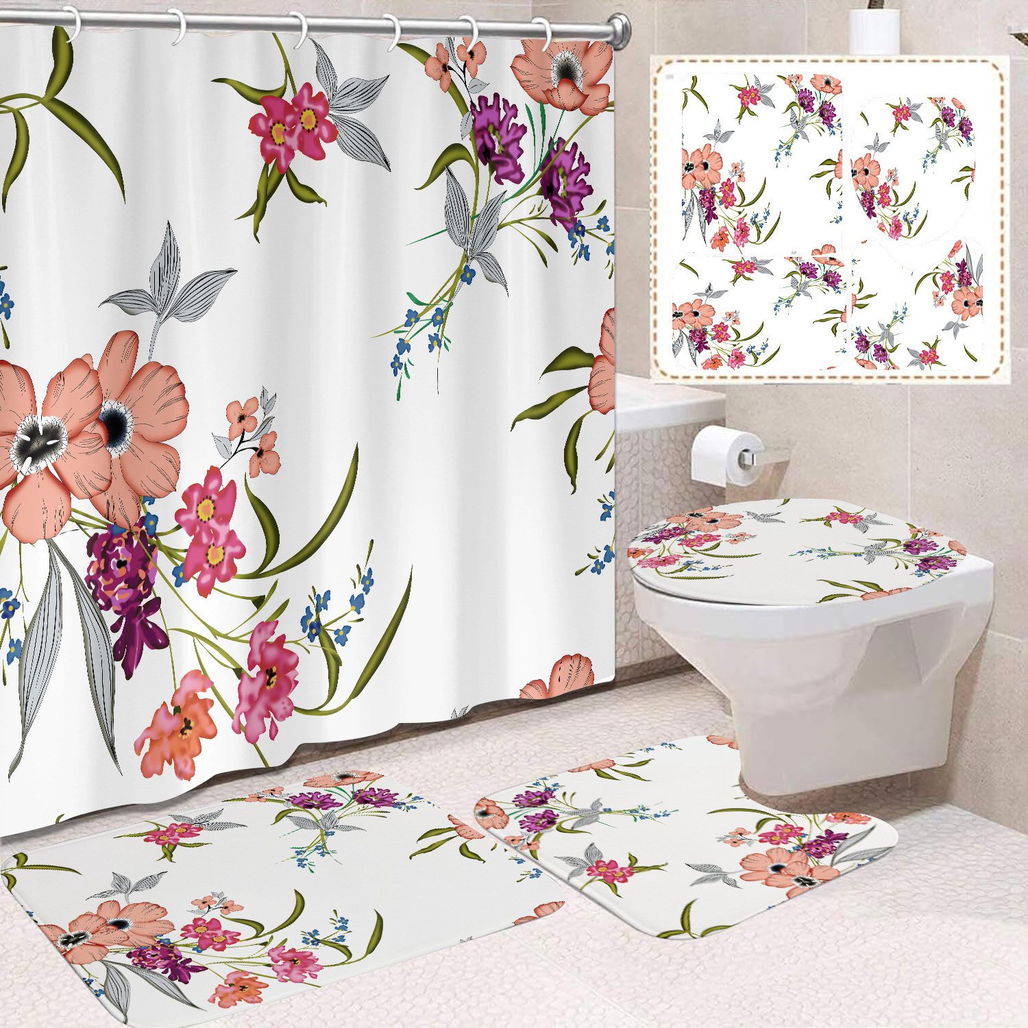 YL-38385 Floral Shower Curtain and Mat Set (4 Pieces) - Bathroom Dry and Wet Separation, Toilet Isolation Curtain, Modern Minimalist Style