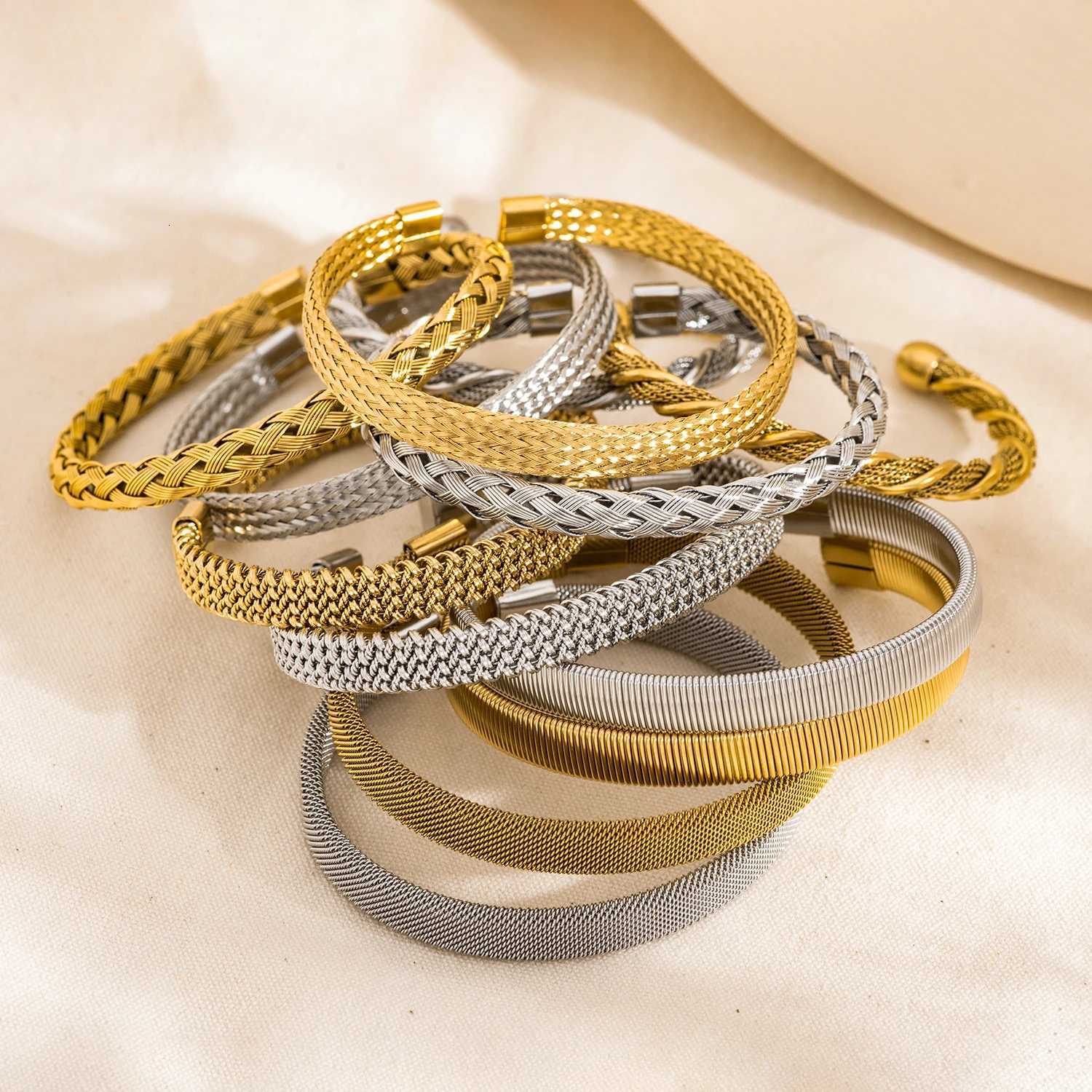Woven for Women Adjustable Open-End Bangle 18K Gold Plated Stainless Steel Delicate Hypoallergenic Jewelry Gift Idea H260323 - view 4