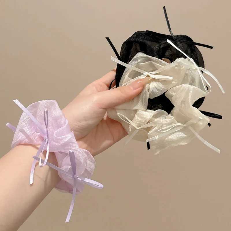 New Simple Bow Mesh Scrunchies Fairy Solid White Large Hair Ties Rope Women Rubber Hair Bands Kawaii Pink Purple Ponytail Holder H260324