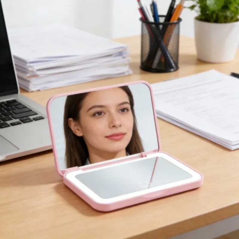 Compact Mini Vanity Folding Cosmetic Mirror with Lights Portable Handheld Travel Makeup Mirror 2X Magnifying Small Pocket Size H260324
