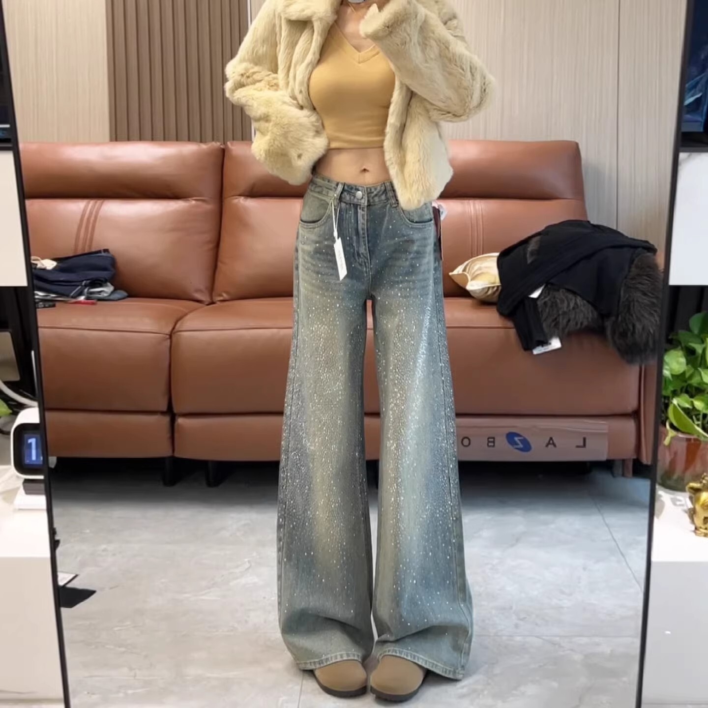 Blue Slim-fit Sparkling Starry Rhinestone Flared Jeans Designer Pants For Women 2026 Spring/autumn New High-waisted Slimming Wide-leg Pants