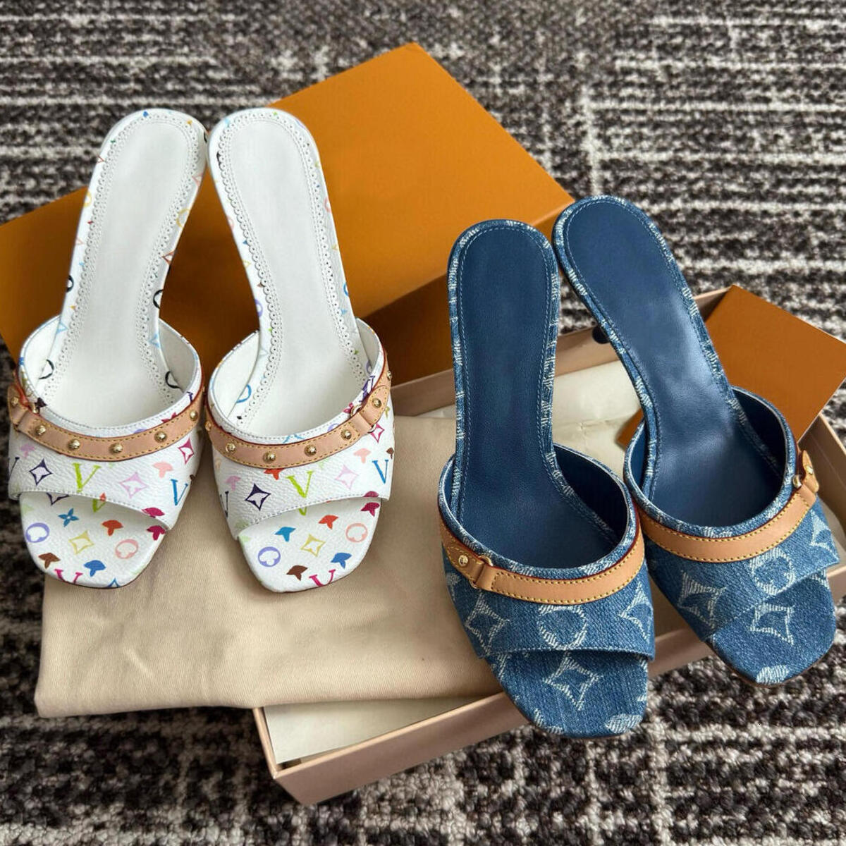 Designer Neo Revival Mule Women Vintage Shoes Blue Denim Slide Sandals Heels Kitten High Heels Slides Slippers Summer Beach Sandal Open Peep Toe Mules Shoe New