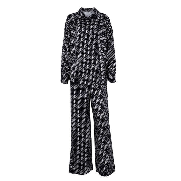 New European American Women S Spring Fashion High End Long Sleeve Loose Shirt And Pants Two Piece Satin Print Set Luxury