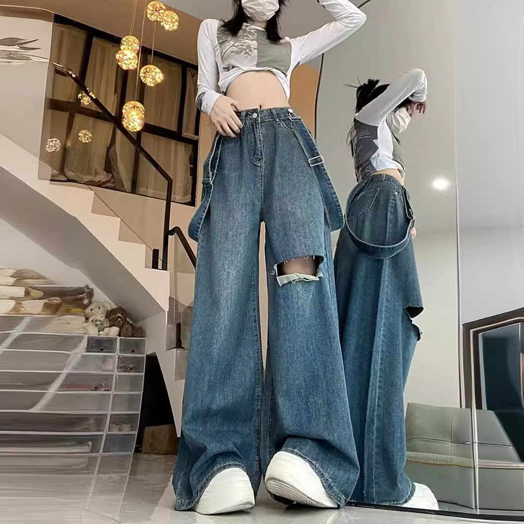 Women's Bell-bottom Overalls Summer Designer Pants Jeans Bucket Pants Floor-length Pants High-waisted Straight Pants Japanese And Korean Casual Style