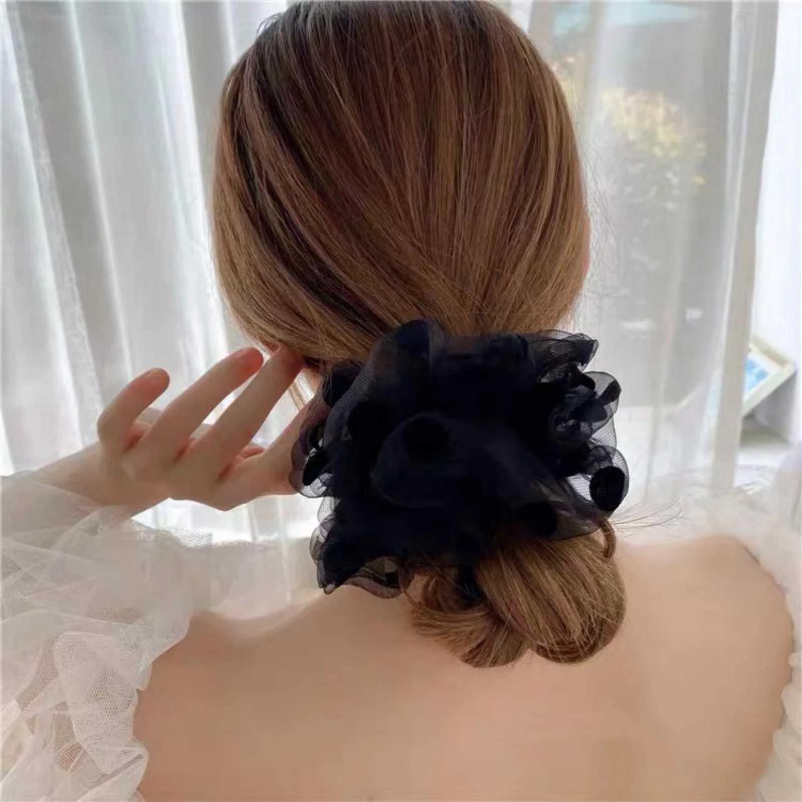 1PCPolka Dot Organza Hair Scrunchies Black Beige Hair Ties Cute Hair Accessories Perfect for Adding a Feminine Touch H260324