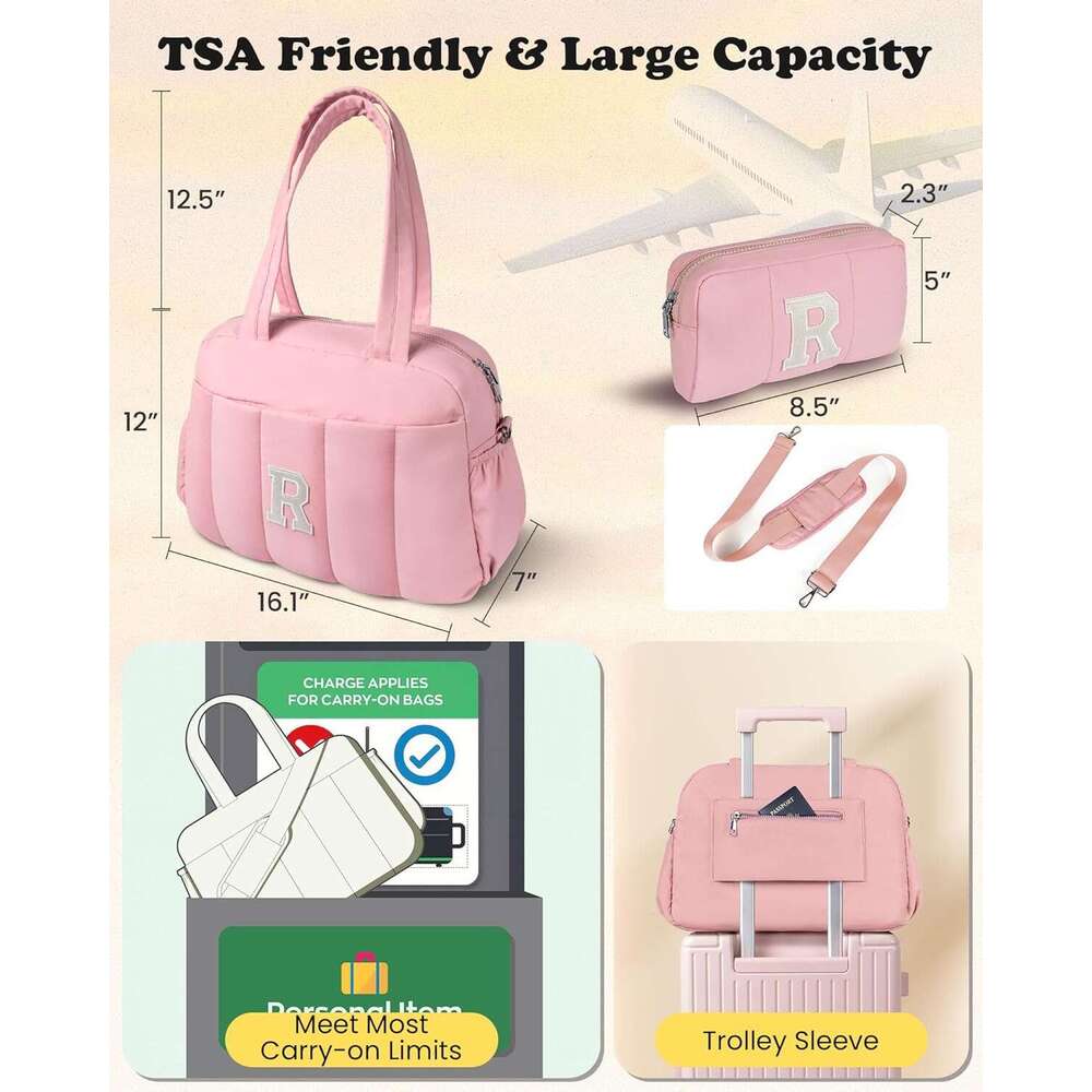 Vogewood Luggage Personalized Weekend Women's Overnight Travel Bag with Makeup Bag, Birthday Gift, Pink, Medium Size, K