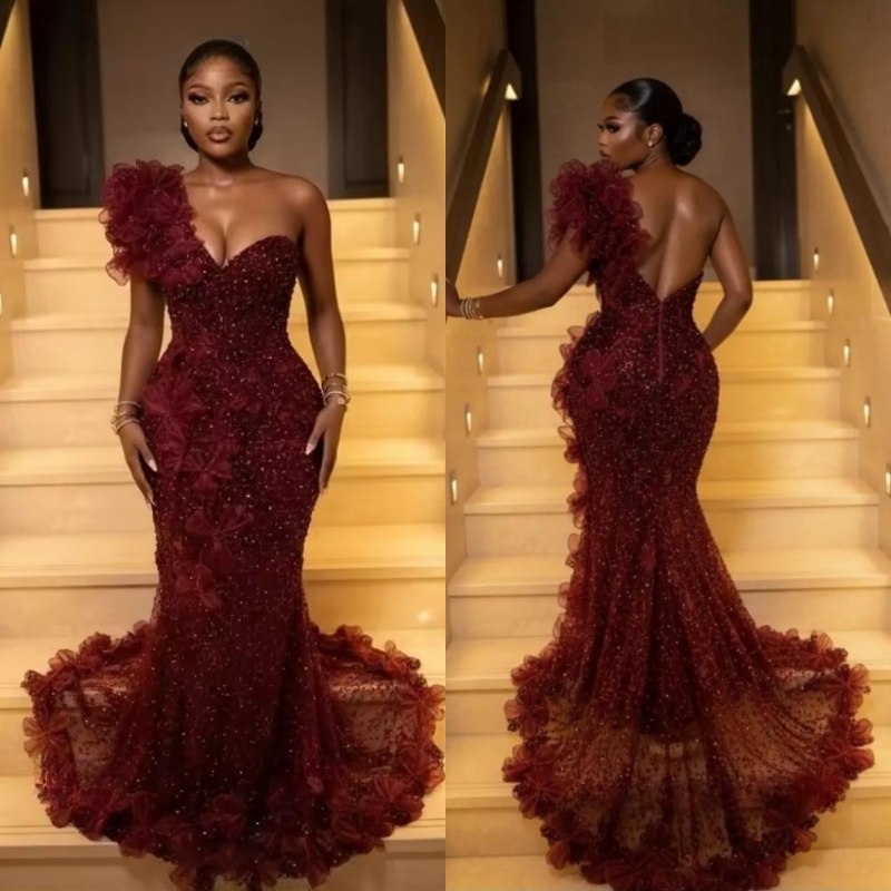 Elegant Burgundy Prom Dresses For Black Girls 2026 Luxury One Shoulder Mermaid Sequins Beads Formal Evening Gala Dress Customized 0204