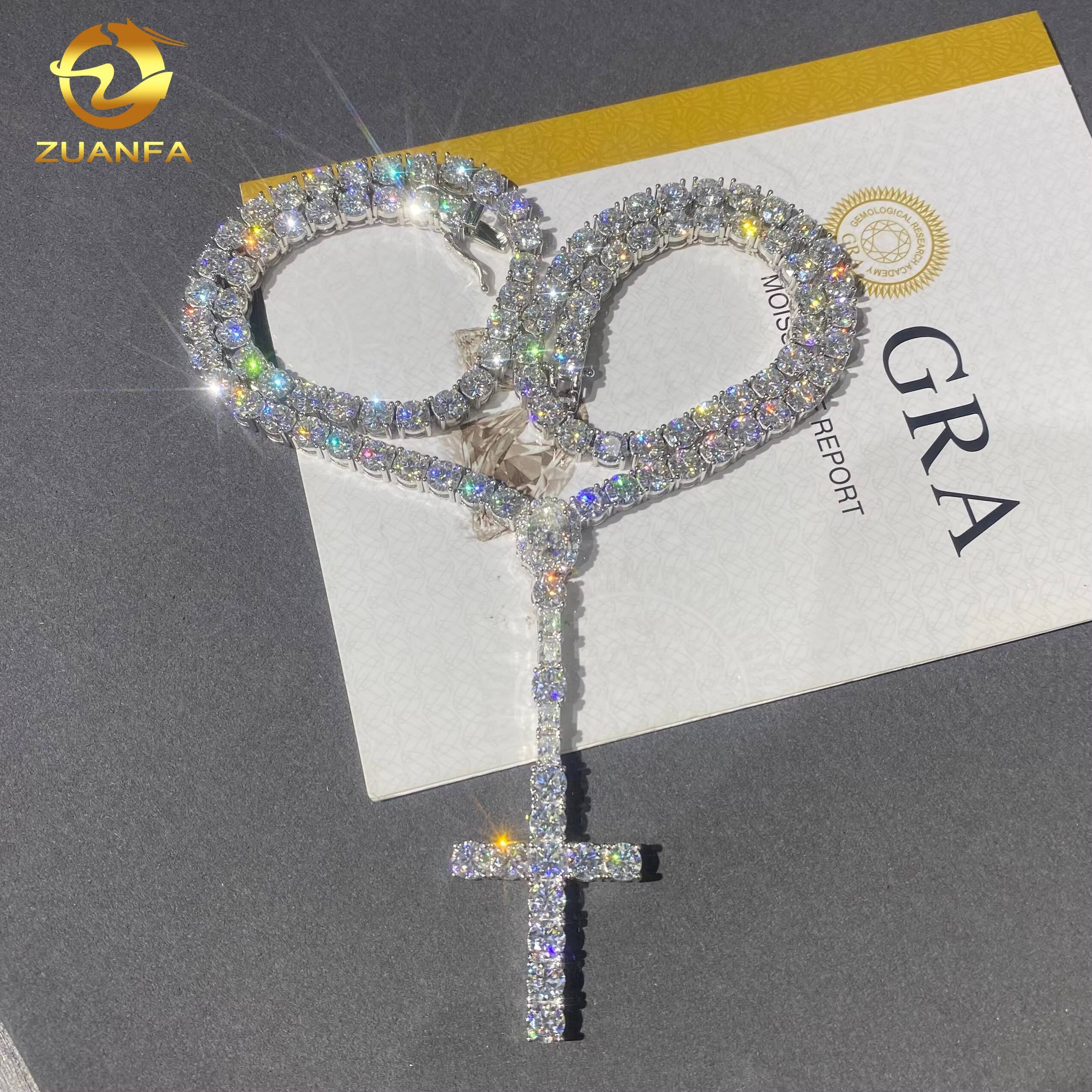 3mm VVS D Moissanite Diamond Fine Hip Hop Jewelry 925 Silver Iced Out Oval Cut Diamond Cross Pendant Tennis Chain Necklace