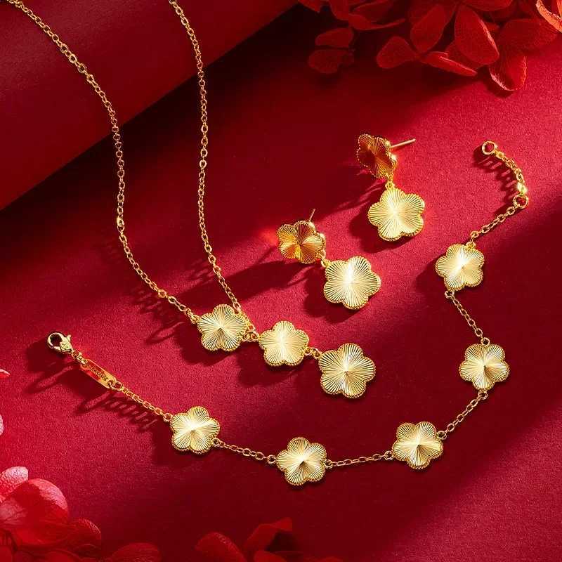 Women 9999 24K Real Gold Light Luxury Super Flash Plum Blossom Set Fashionable Female Plum Blossom Necklace Earring Set H260324