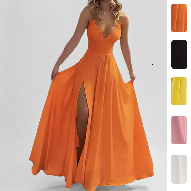 2026 Spring New Women's Clothing Designer Dress European And American Strap Dress Fashionable Sexy Slit Solid Color Long Dress