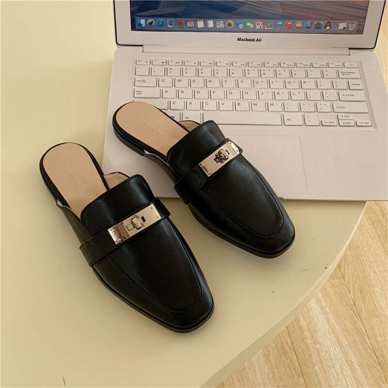 Women Summer Open Toe Mules For Outdoor Wear New Model With Horsebit Buckle Flat Shoes Genuine Leather Popular Slip On Sandals