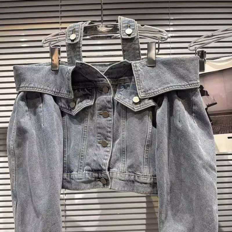 Halter Slash Neck Off Shoulder Denim Jackets Autumn Grunge All Match Ins Y2k Chaqueta Streetwear Trendy Women Jeans Cropped Coat 240807