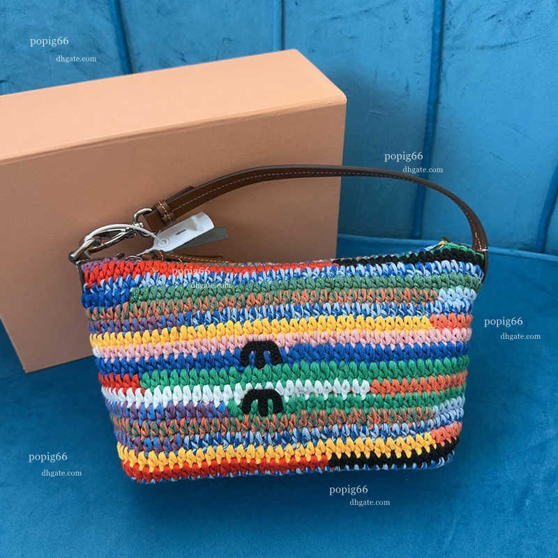 Shoulder Bags Rainbow Woven Tote Bag - Designer Crochet Shoulder Bag with Colorful Stripes Wool Thread Underarm Beach Weekender