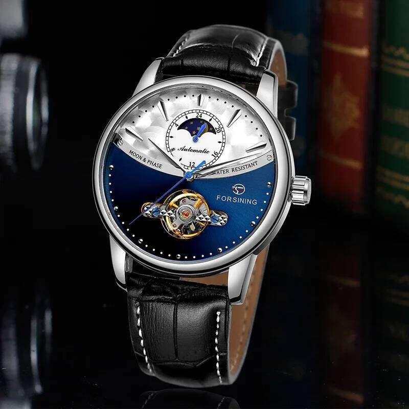 Forsining Luxury Brand Mechanical Classic Blue Moon Phase Fully Automatic Tourbillon Men's Black Leather Strap Watch - view 4