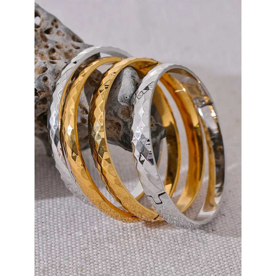 Yhpup 60mm 316l Stainless Steel Round Texture Bangle Gold Silver Color Metal Waterproof Wrist Jewelry Bijoux Gift H260323 - view 5