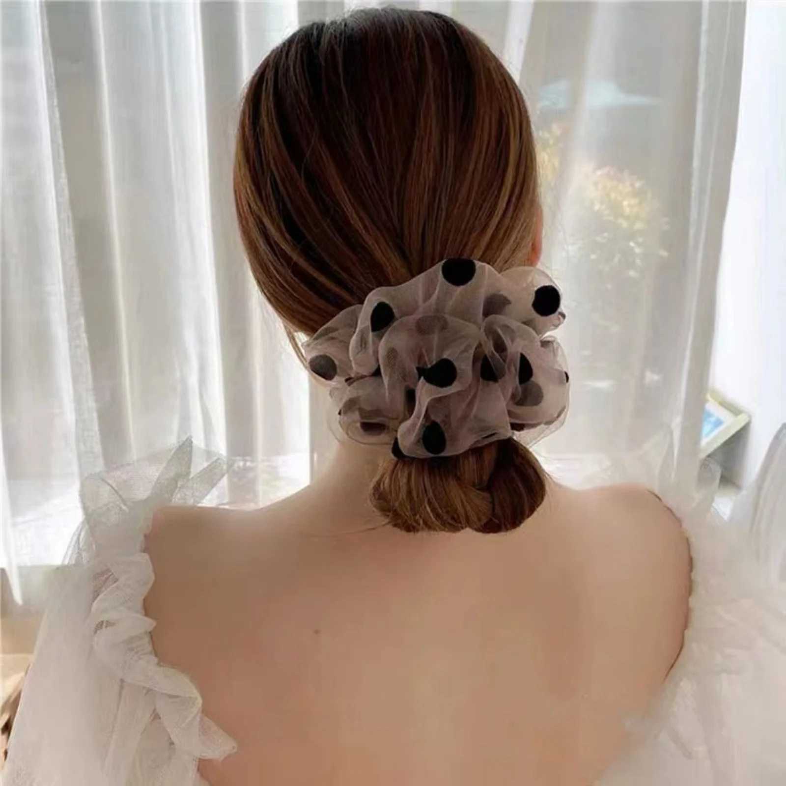 1PCPolka Dot Organza Hair Scrunchies Black Beige Hair Ties Cute Hair Accessories Perfect for Adding a Feminine Touch H260324