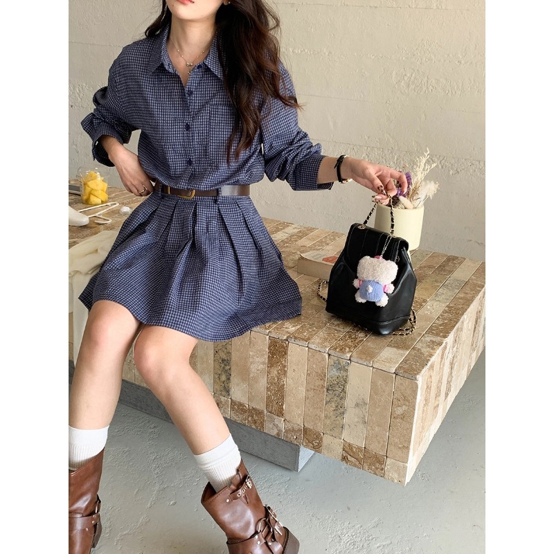Morning Belted Vintage Korean Style Blue Designer Dress Plaid Shirt Dress