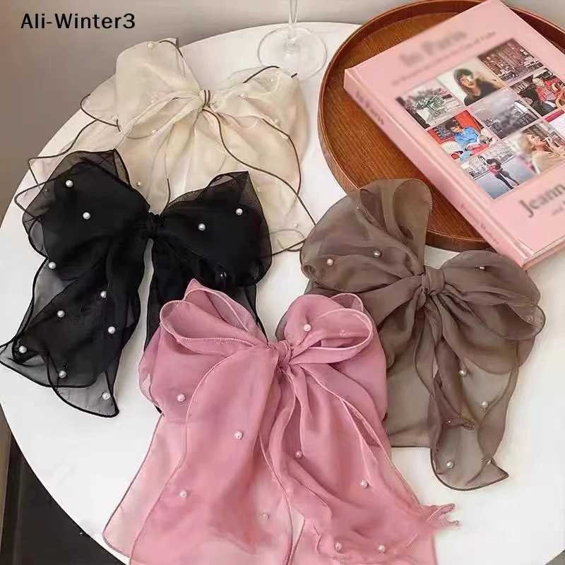 Fashion Ribbon Pearl Bow Hair Clips For Women Elegant Chiffon Bowknot Ponytail Clip Pin Bows Barrette Sweet Headwear Accessories H260324