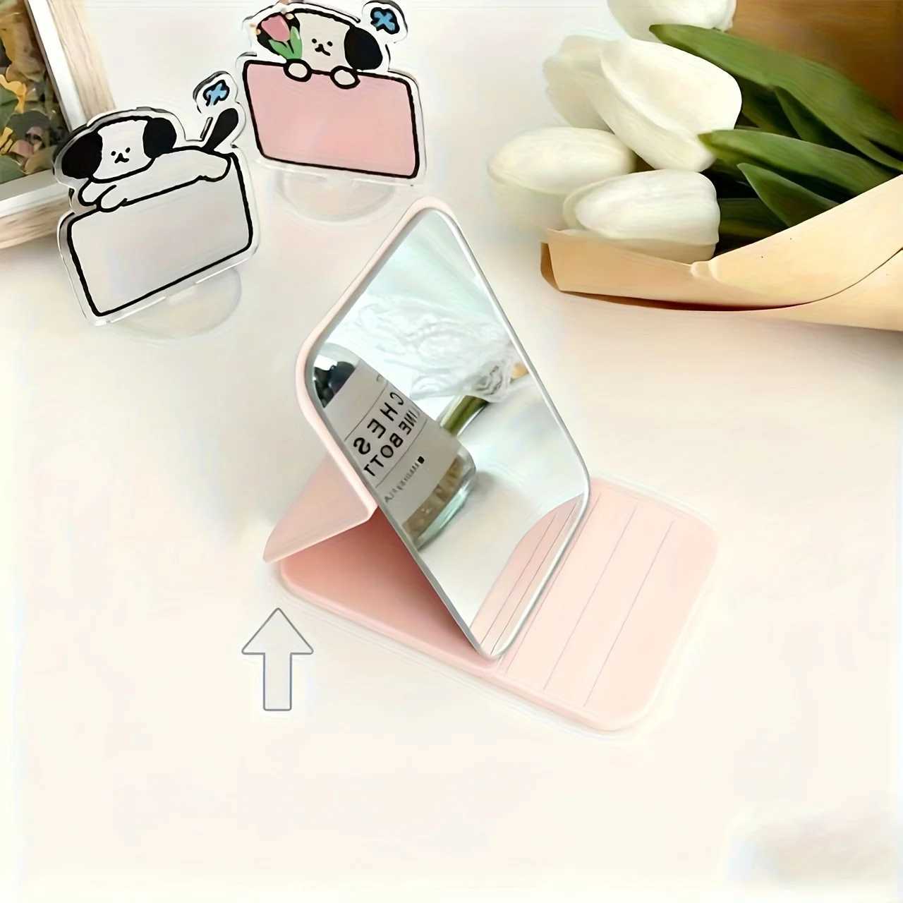 Portable Foldable Mini Makeup Mirror with Pu Stand Simple Desktop Design Suitable for Dormitory and Desktop Use - a Must-Have for Daily Makeup and Gro