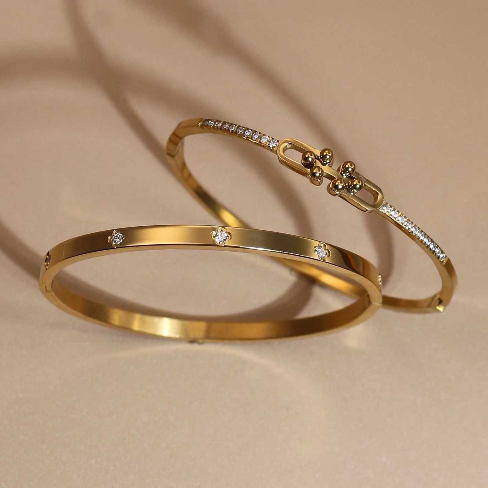 New Geometric Crystal Design 18 K Gold Plated Stainless Steel Womens Jewelry Bangle Party Gift H260323 - view 5