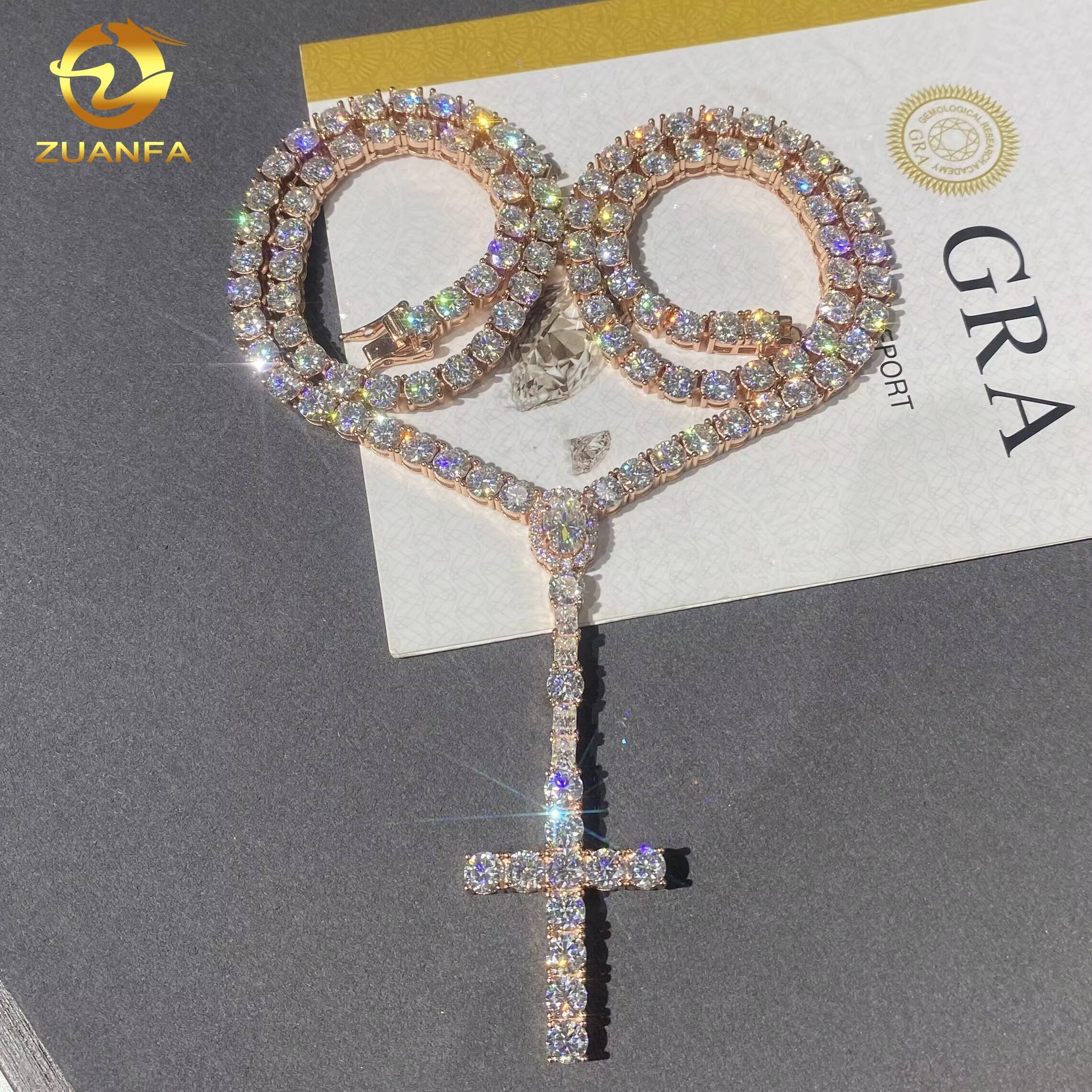 3mm VVS D Moissanite Diamond Fine Hip Hop Jewelry 925 Silver Iced Out Oval Cut Diamond Cross Pendant Tennis Chain Necklace