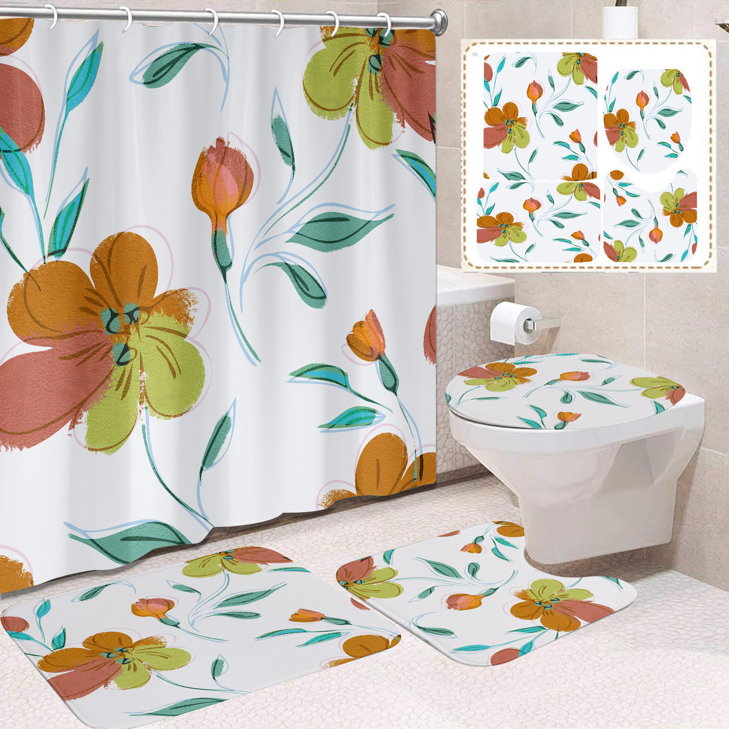 YL-38384 Floral Shower Curtain and Mat Set (4 Pieces) - Bathroom Dry and Wet Separation, Toilet Isolation Curtain, Modern Minimalist Style