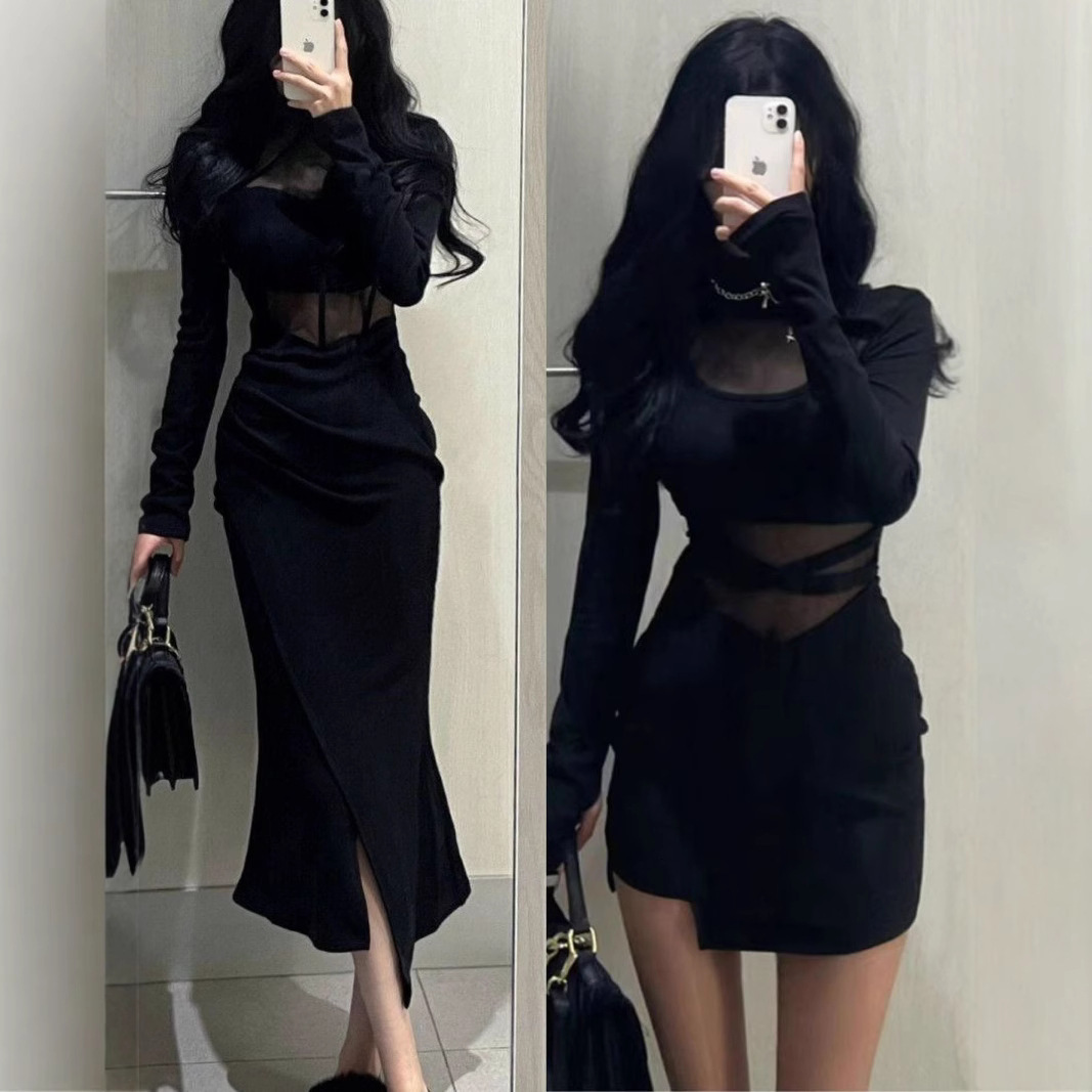 Sexy Hot Girl Semi-transparent Black Designer Dress Dress For Women New Summer Style With Mesh Splicing Pure And Mature Tight-fitting Bodycon Dress
