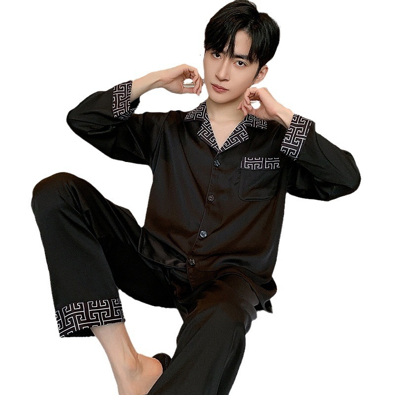 Home Wear High End Ice Silk For Men Spring Autumn Long Sleeve Thin Elegant Faux Silk Premium Cardigan Set