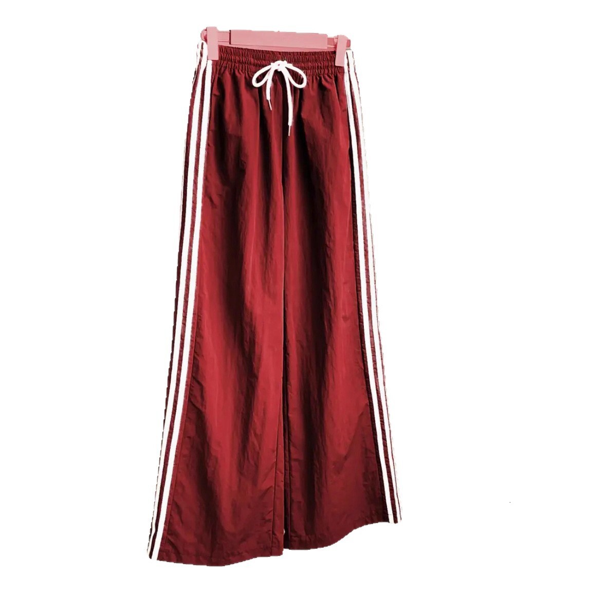 2025 American casual summer new vintage four-stripe sports with high waist and drawstring design, slimming wide-leg pants