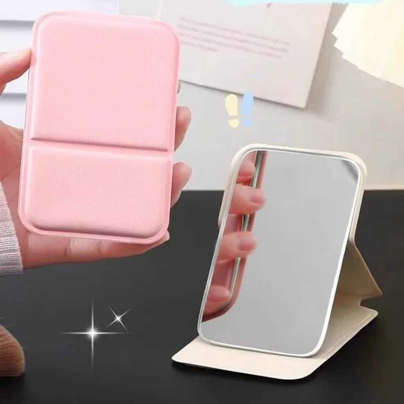 PU Leather Desktop Makeup Mirror Portable Handheld Makeup Mirrors Solid Color Foldable Pocket Desktop Stand Mirrors H260324