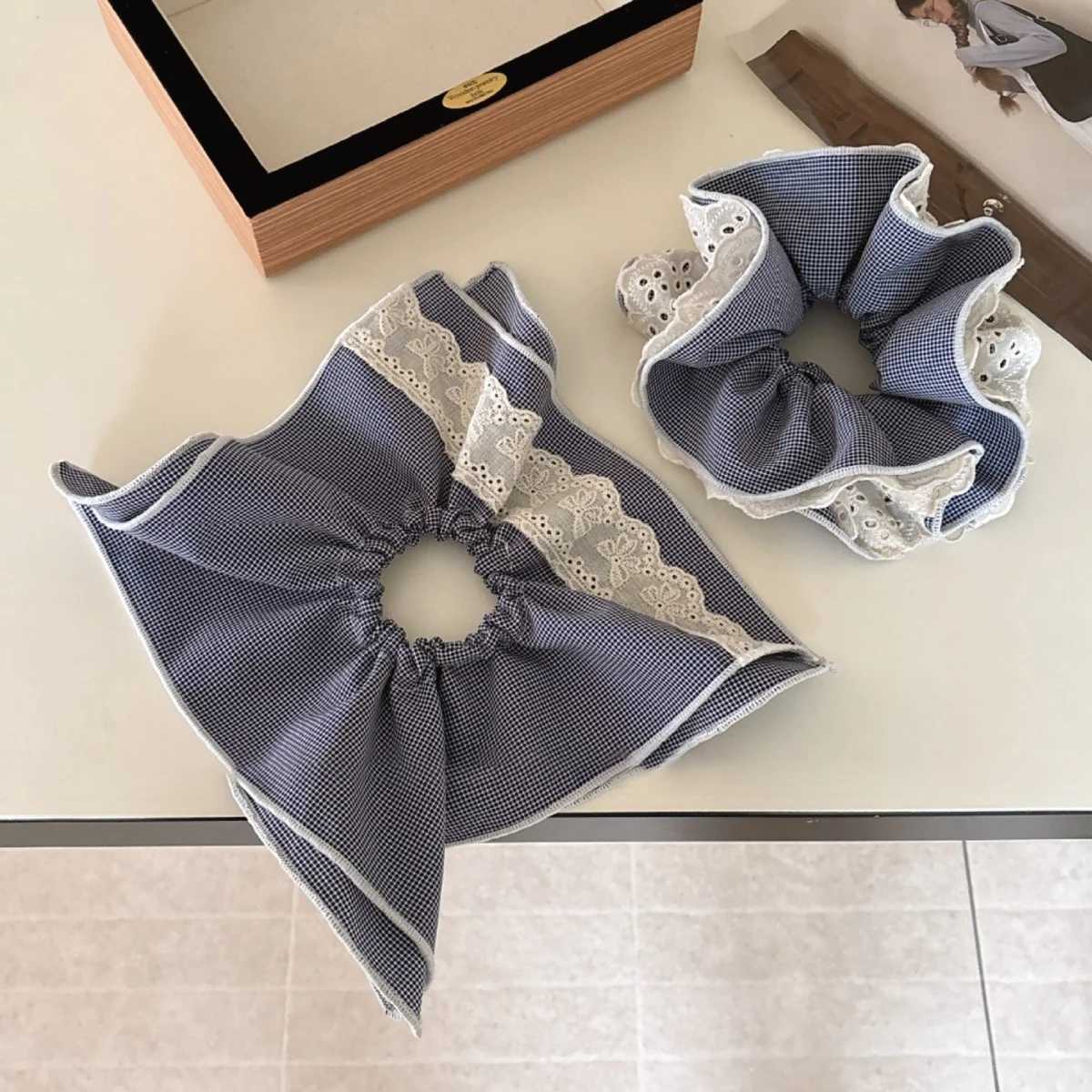 1pc Korean plaid lace double-layer square scarf large intestine scrunchie temperament versatile bun and ponytail hair rope H260324