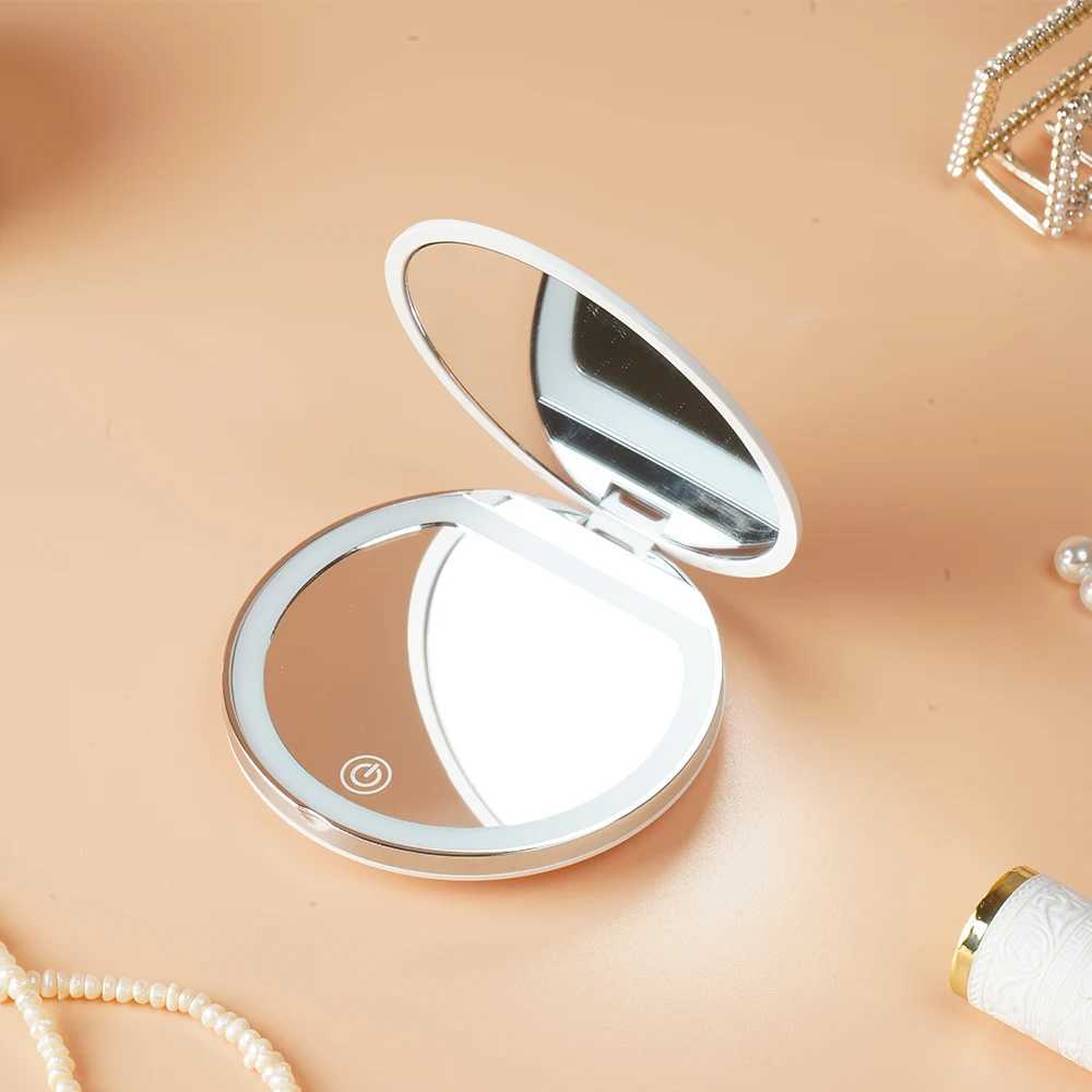 Rechargeable Portable Travel LED Makeup Mirror Handheld Pocket Compact Folding Cosmetic Mirror with Lights 1X/3X Magnification H260324
