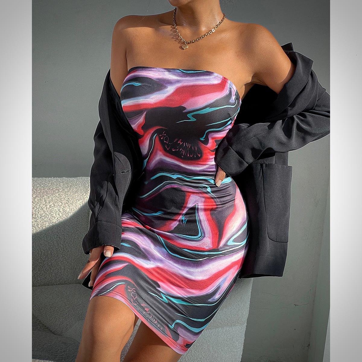 New European And American Fashion Colorful Printed Sexy Designer Dress Tube Top Backless Slim-fit Bodycon Dress For Women