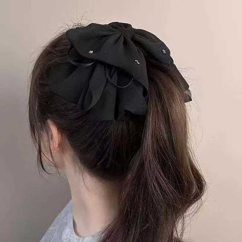 2025 New Fashion White Black Mesh Bowknot Ribbon Hair Claw For Women Elegant Solid Color Ponytail Clip Headwear Hair Accessories H260324